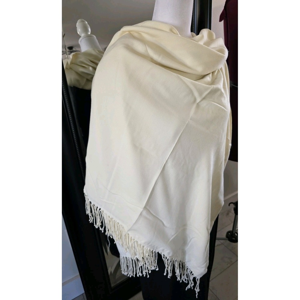 Cream Pashmina Style Shawl Wrap Fringe Soft Cashmere Silk Blend Made in Turkey - Picture 3 of 12